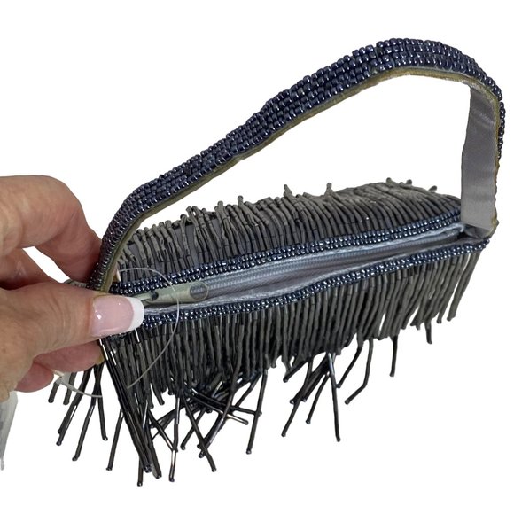 Women's Dressy Silver Grey Evening Bag with Beads - Picture 4 of 12